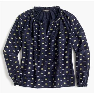 {J. Crew} Point Sur Ruffle-neck Popover Metallic Clip Dot Blouse